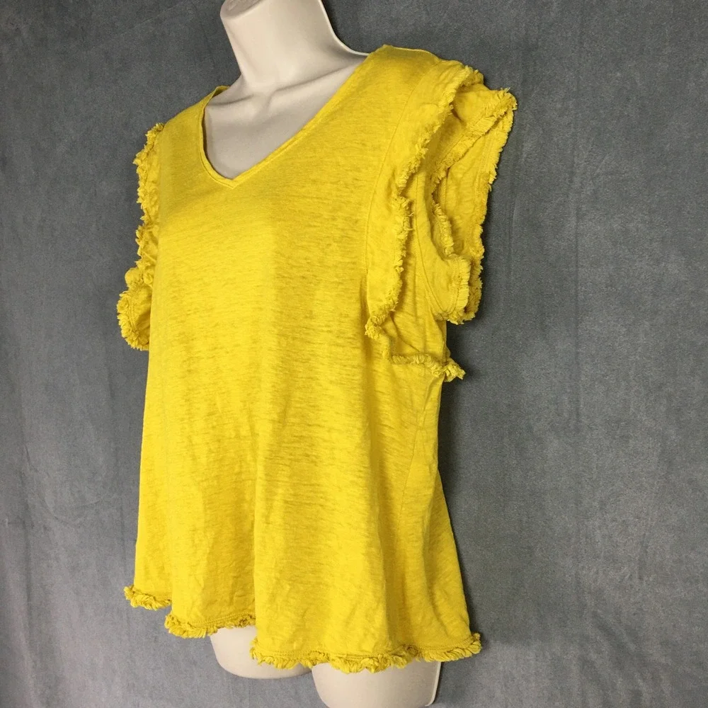 Chicos 100% Linen Yellow Top‎ XL Size 3 Fringe Trim  Boho Bright Summer Vacation